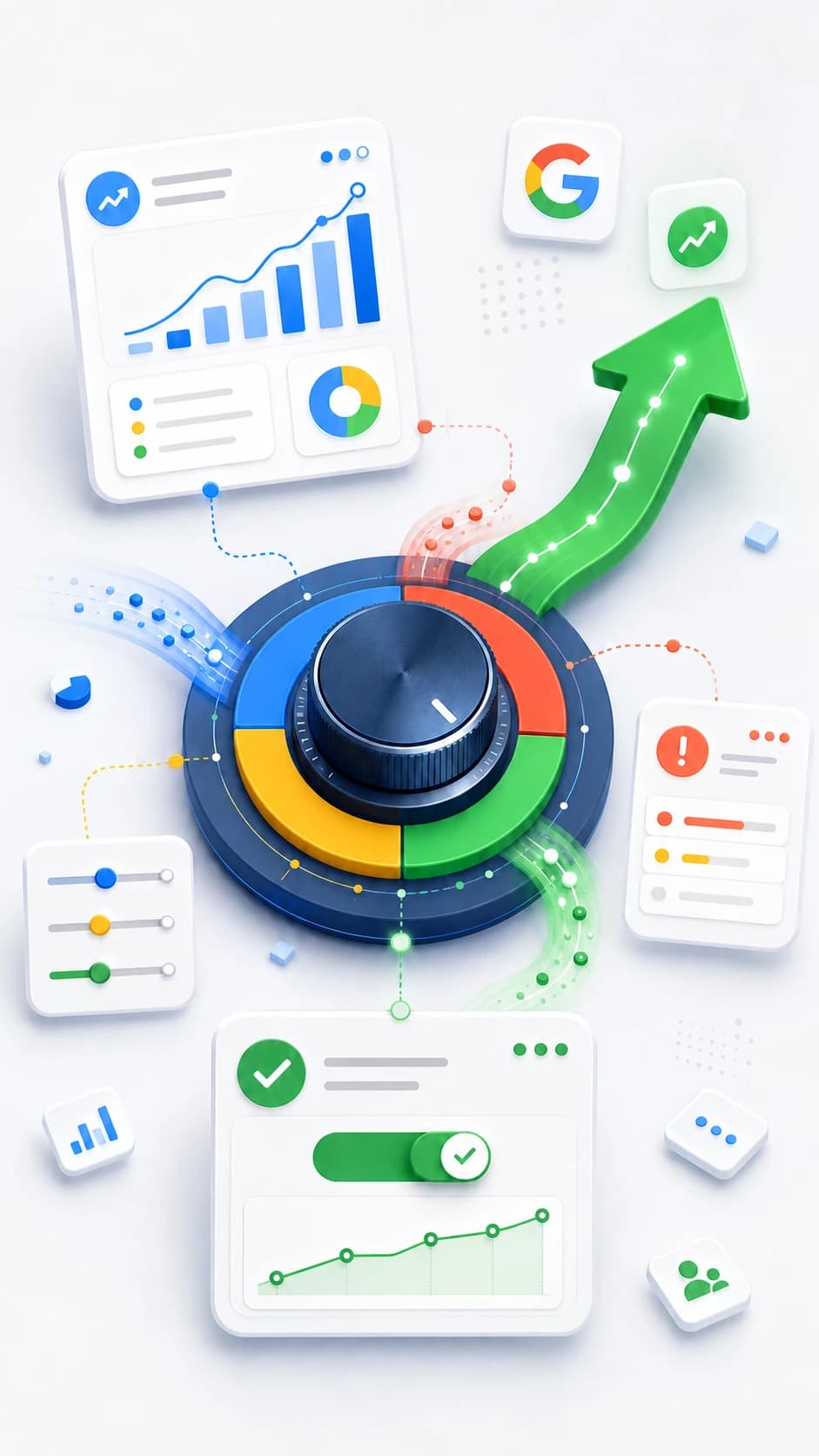 Illustrasjon av Google Ads-tall som blir til én tydelig beslutning.