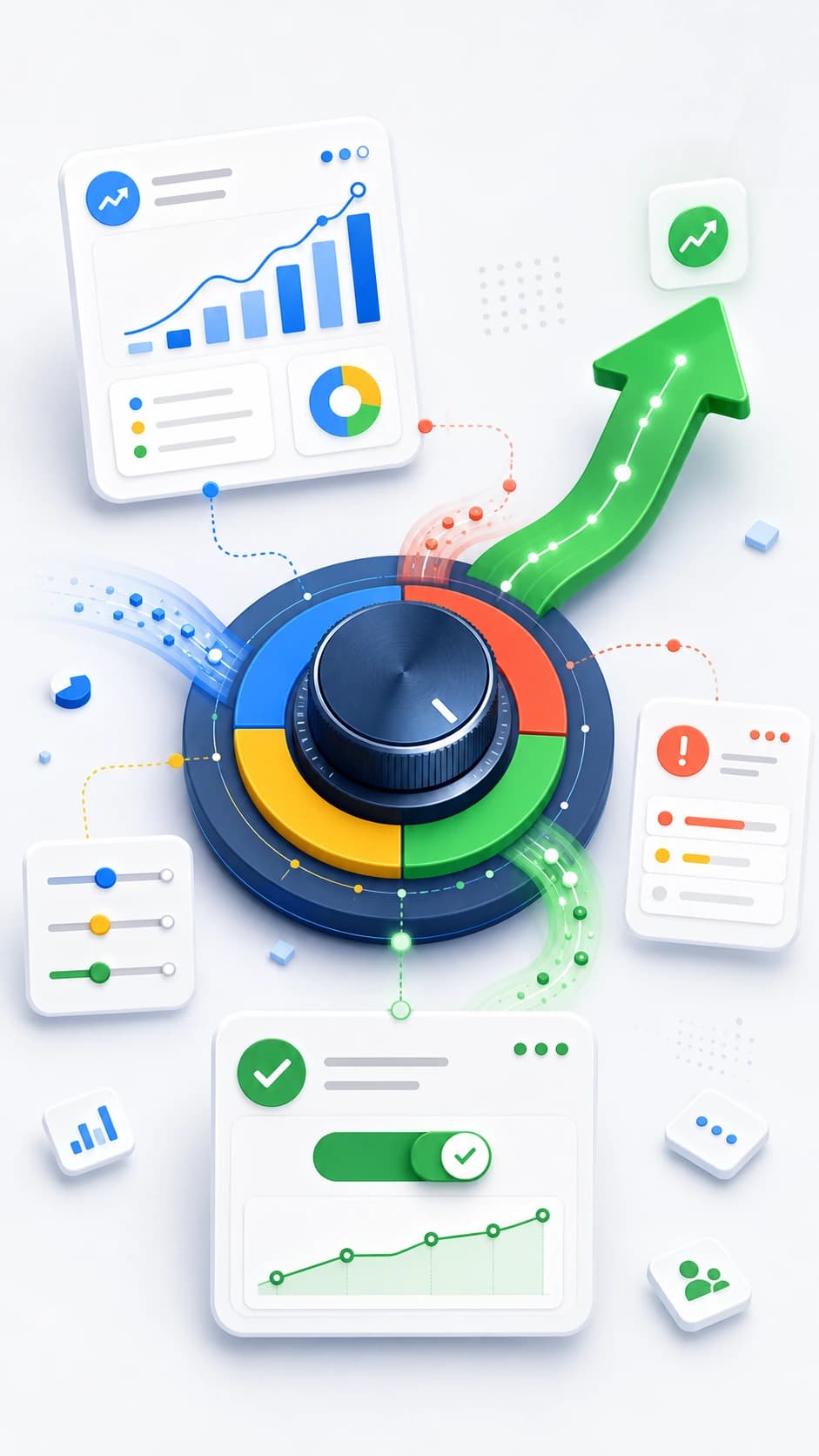 Abstrakt illustrasjon av Google Ads-data som samles til en tydelig vekstbeslutning.